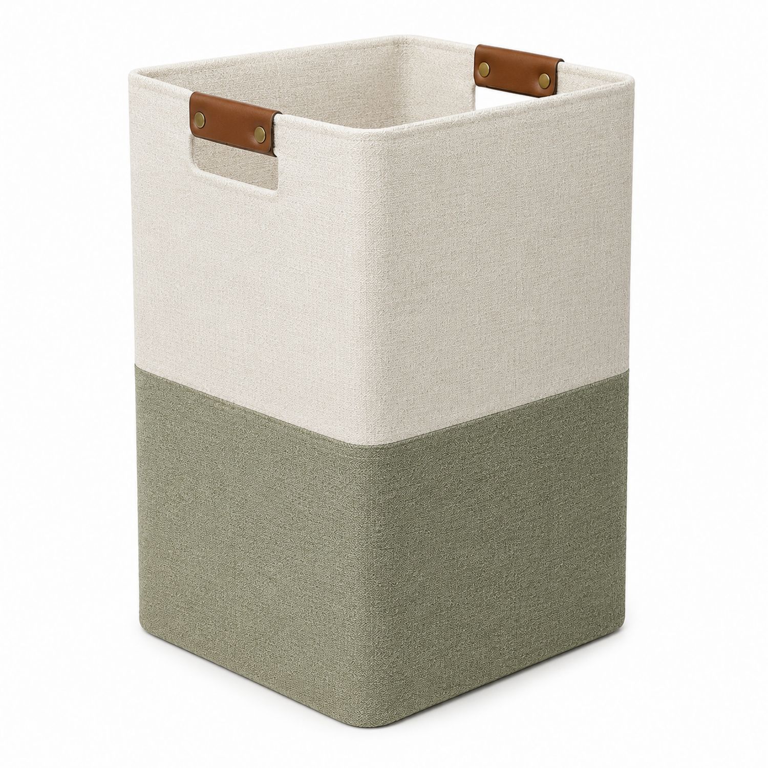Cesto Portaoggetti Rettangolare Beige e Verde con Manici in Pelle-lunavioliving