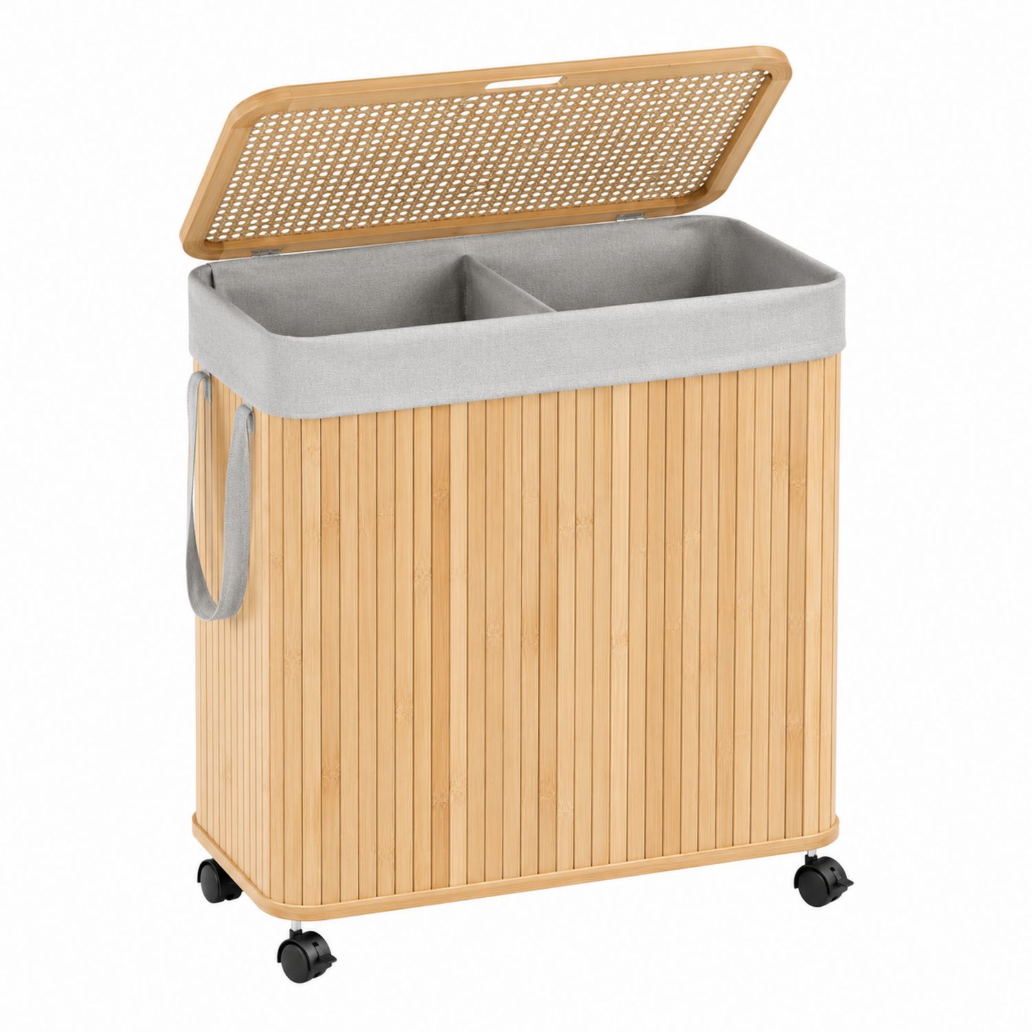 Cesta Portabiancheria in Bambù con Ruote e Due Scomparti 70L Beige e Grigio-lunavioliving