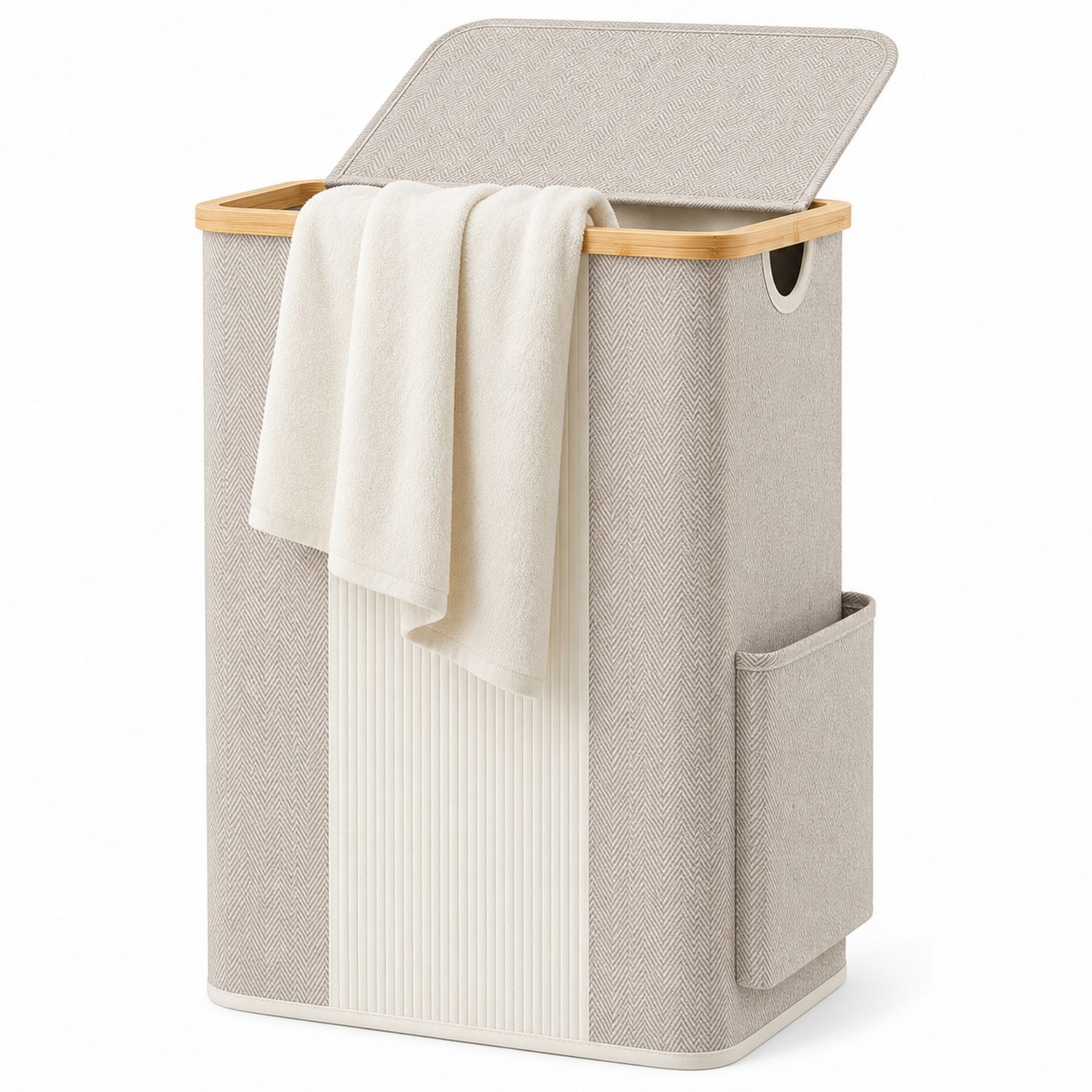 Cesto portabiancheria rettangolare 72L beige con dettagli in bambù-lunavioliving