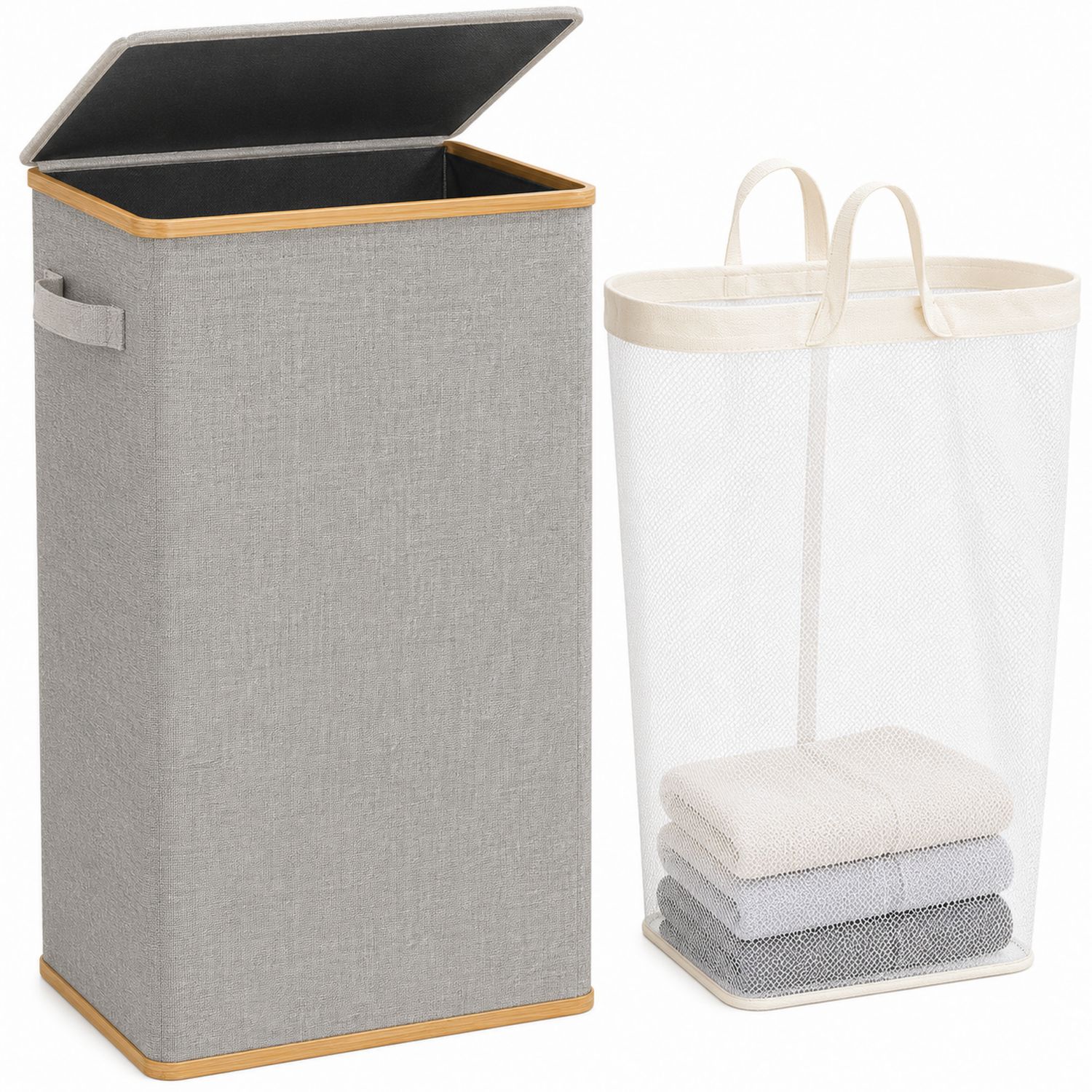 Set di Cesti Portabiancheria Pieghevoli Grigio e Bianco con Coperchio-lunavioliving