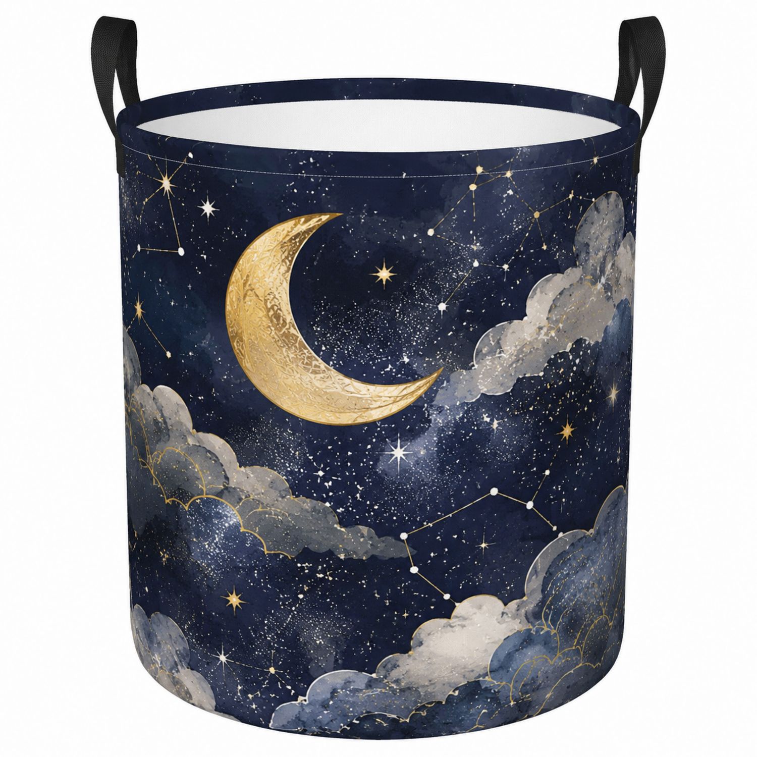 Cesta Portaoggetti Rotonda Pieghevole Luna e Stelle Blu Notte e Oro-lunavioliving