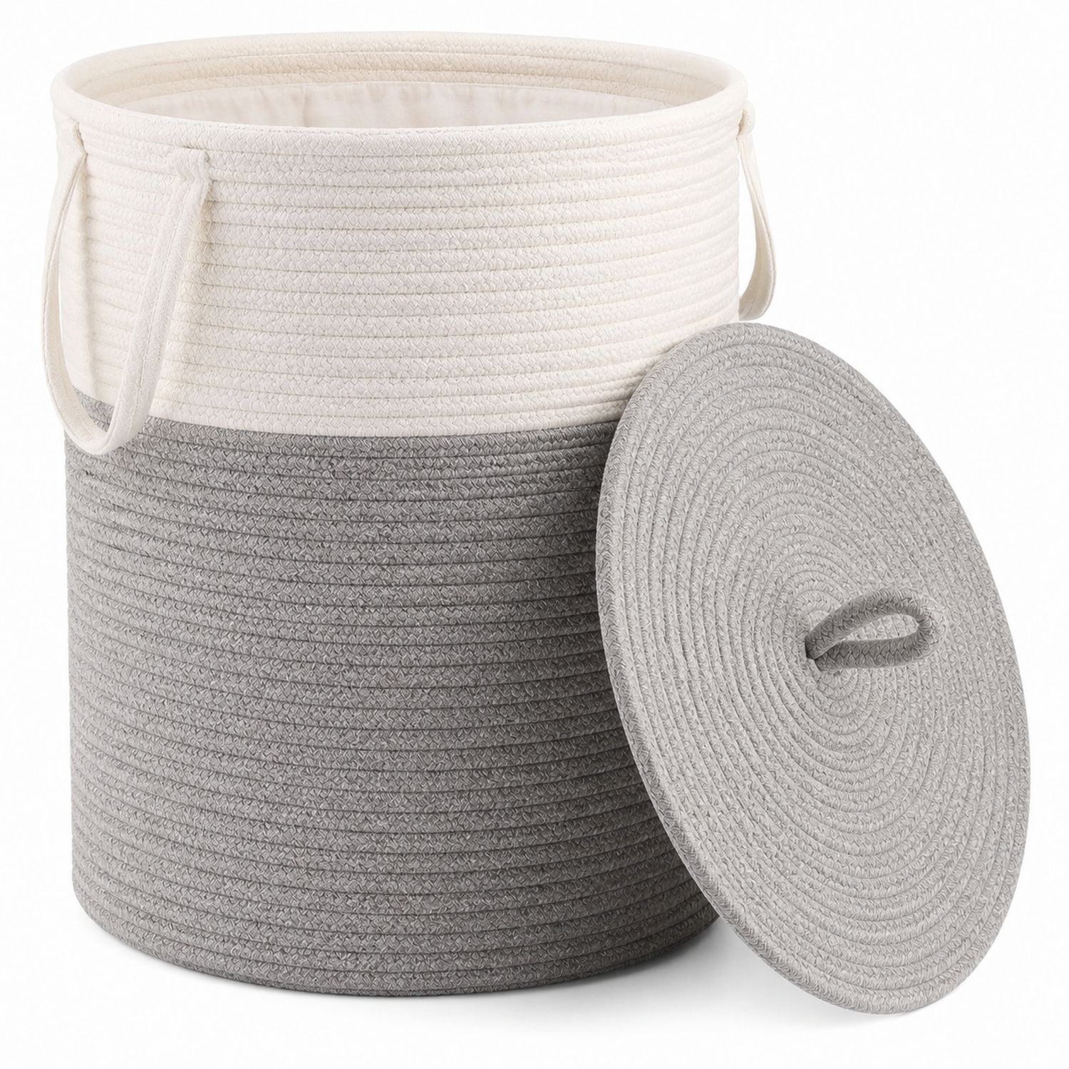 Cesto per la Biancheria Rotondo Bianco e Grigio con Coperchio-lunavioliving