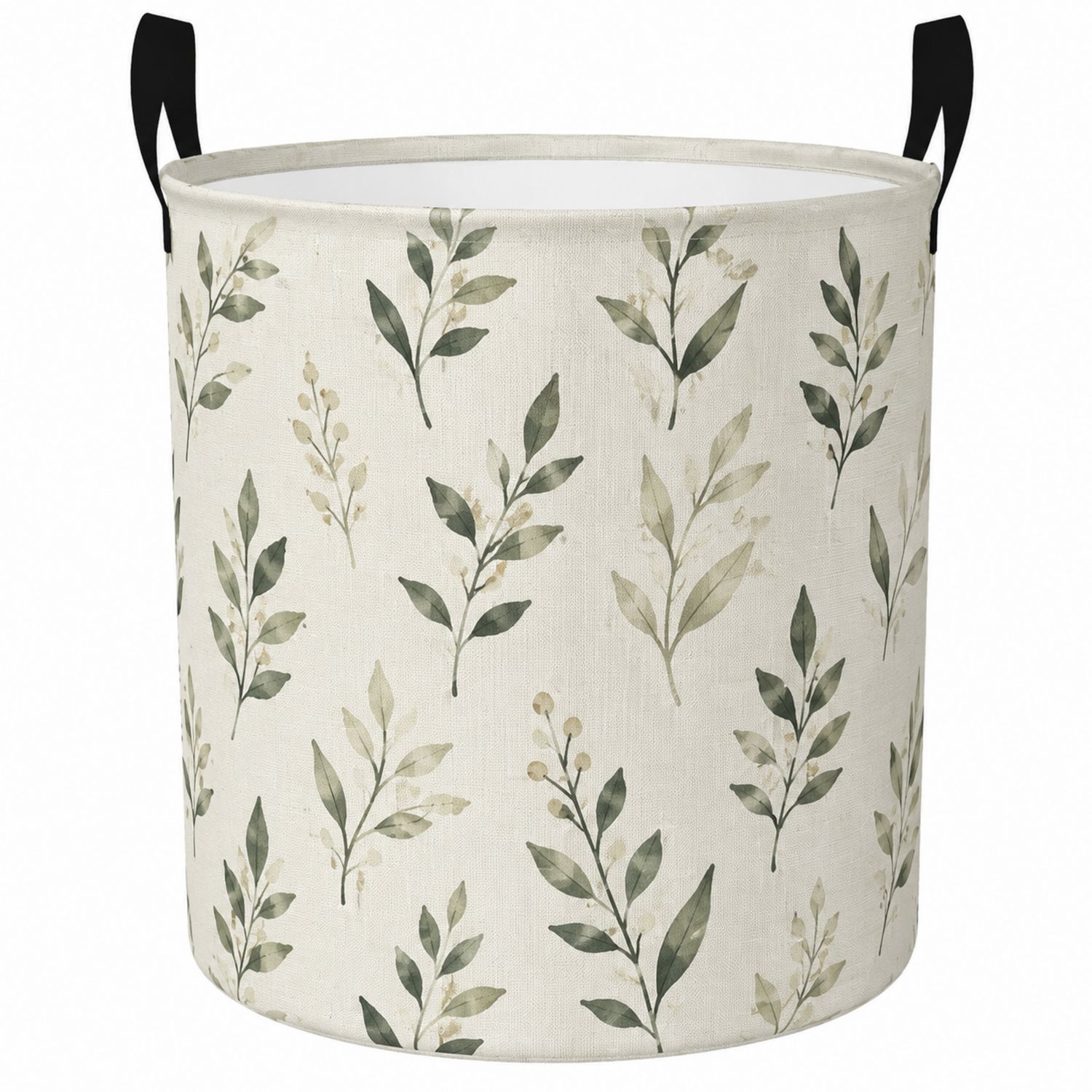 Cesto Portaoggetti Rotondo con Stampa di Foglie Beige e Verde-lunavioliving