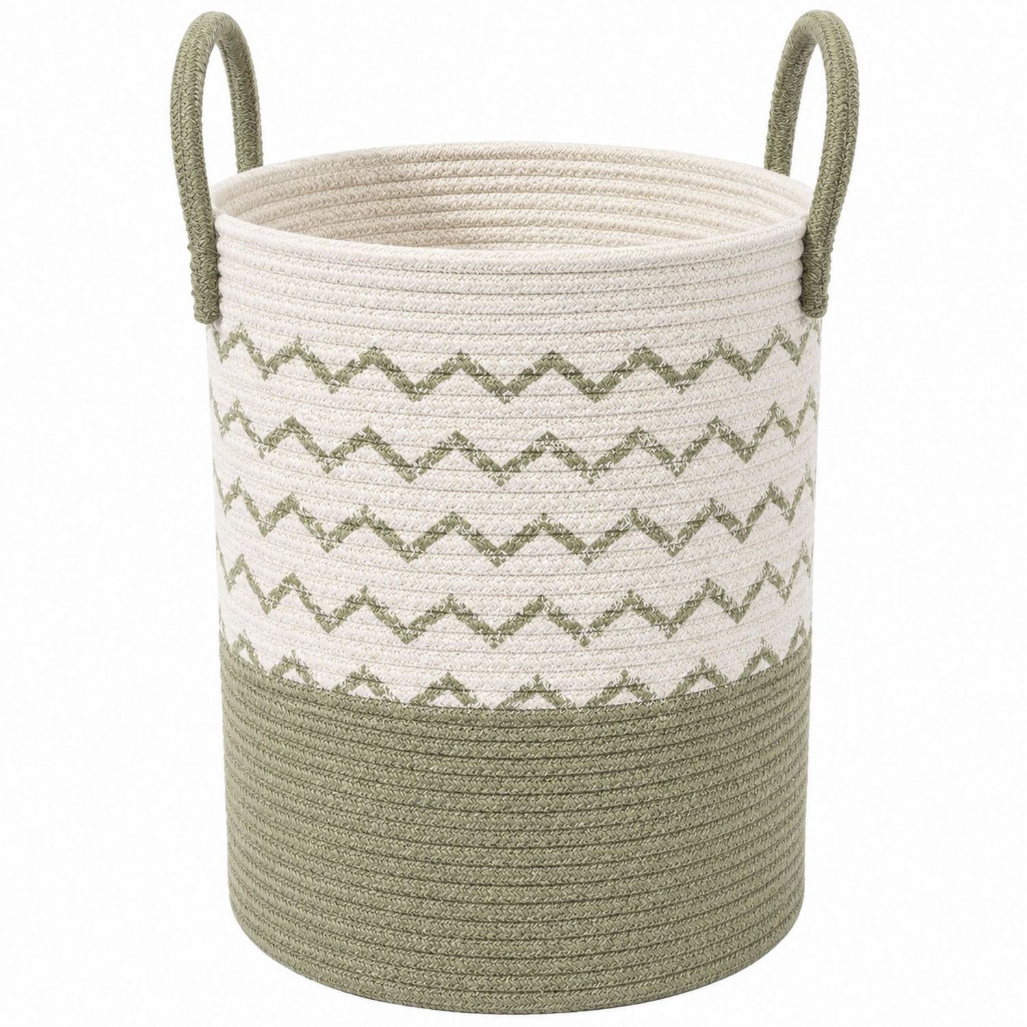 Cesto Portaoggetti Cilindrico Beige e Verde con Motivo a Zigzag-lunavioliving