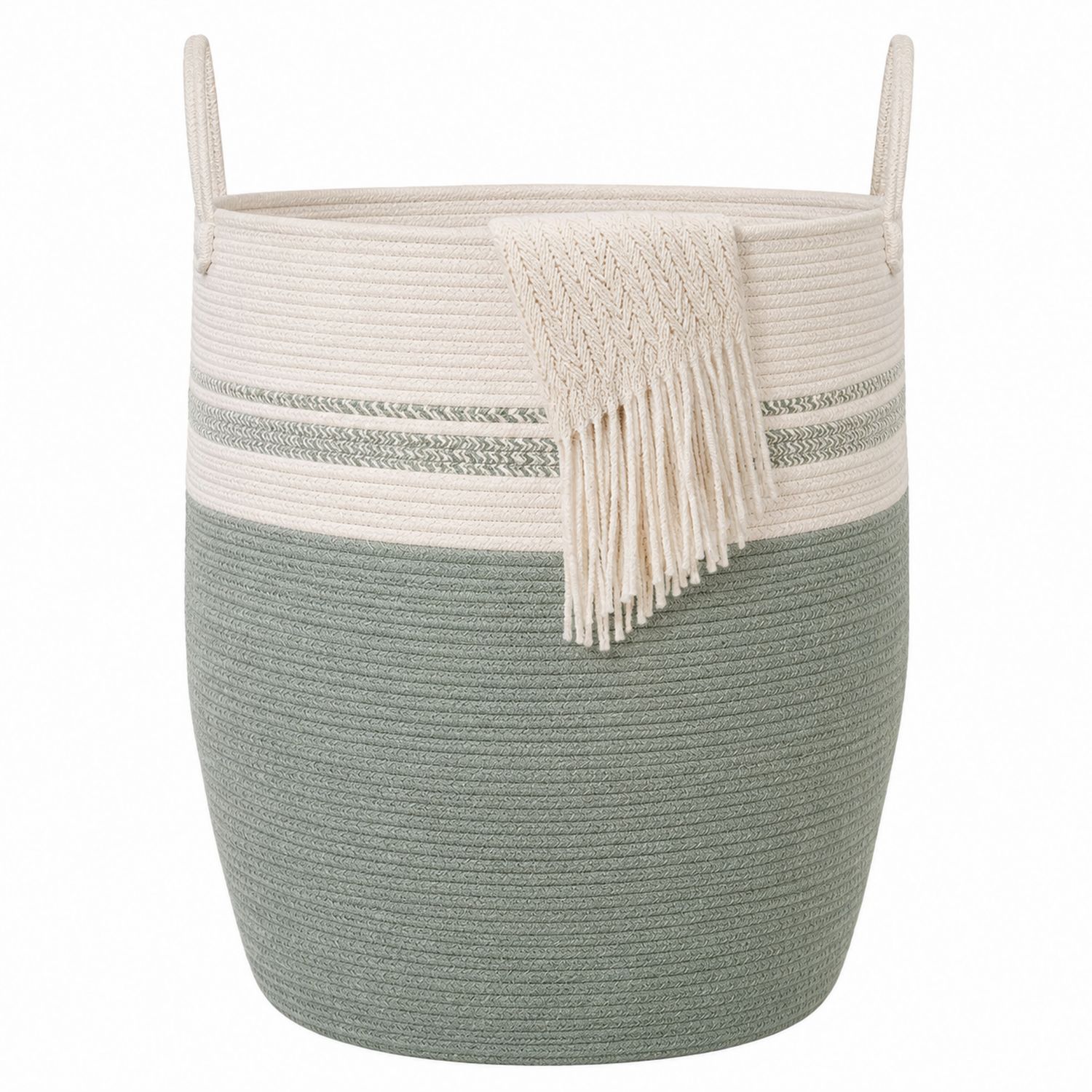 Cesta Portaoggetti Rotonda Verde e Avorio con Manici-lunavioliving