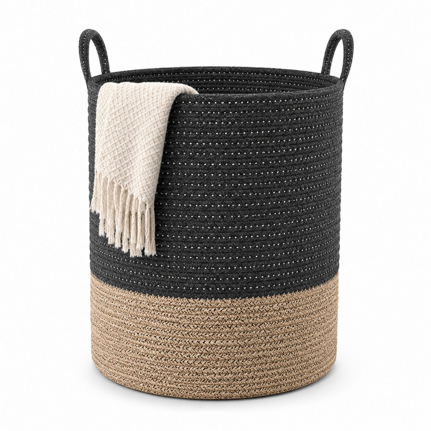 Cesta Portaoggetti Grande Rotonda Nera e Beige con Manici-lunavioliving