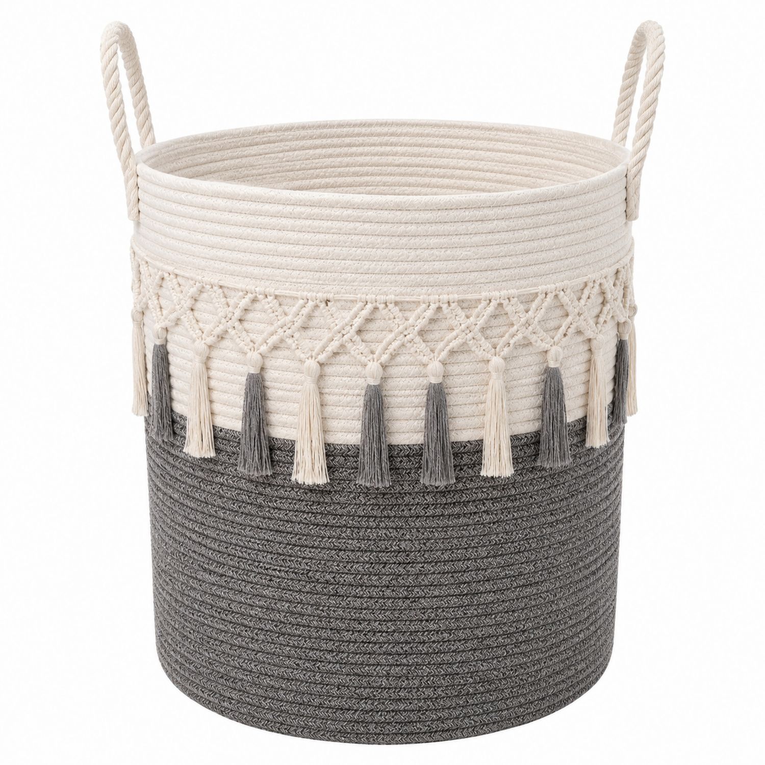 Cesto Portaoggetti Bicolore con Nappe Grigio e Bianco 35x40cm-lunavioliving