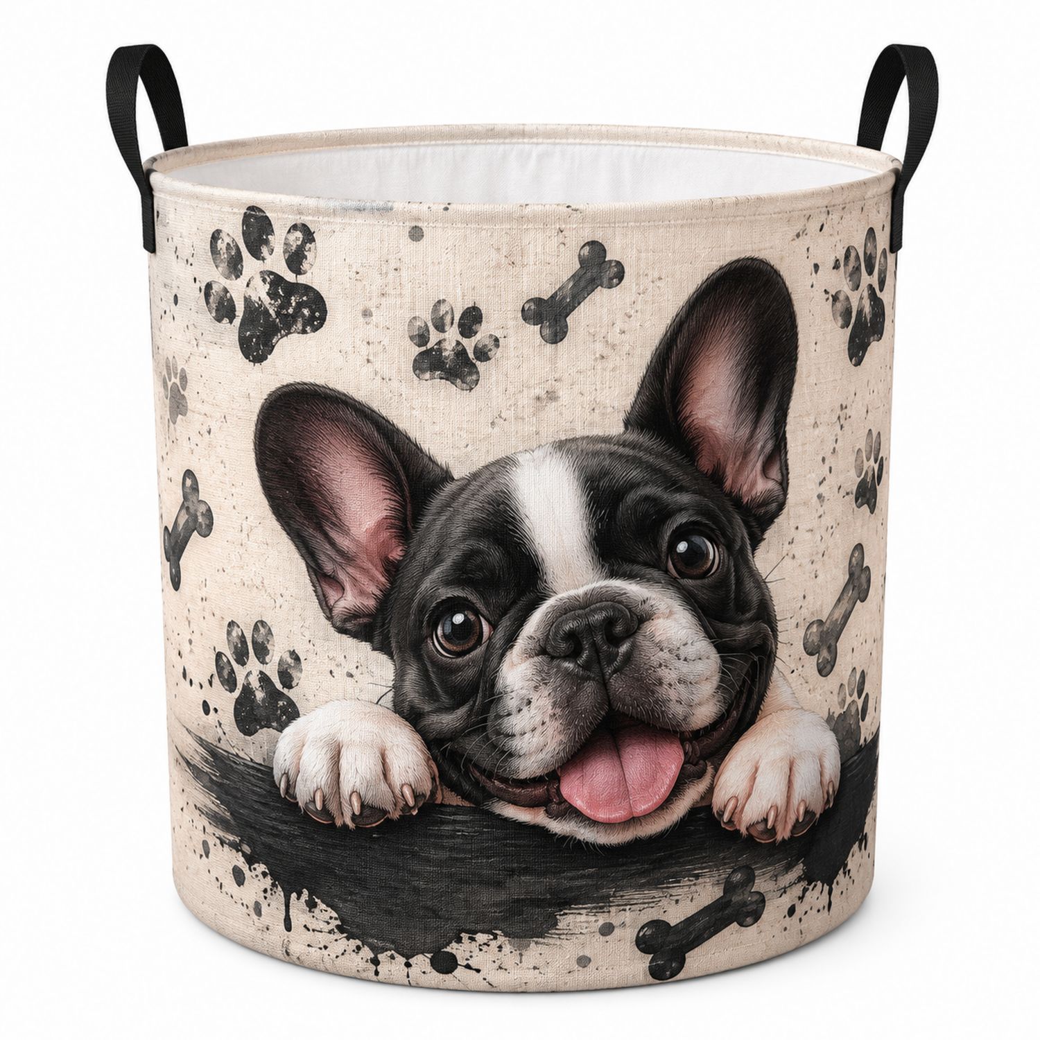 Cesto Portabiancheria Rotondo Bulldog Francese Stampa Beige/Nero-lunavioliving
