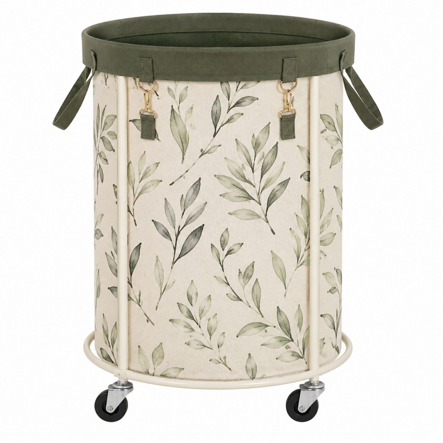 Cesto portabiancheria cilindrico con stampa di foglie verdi e beige su ruote-lunavioliving