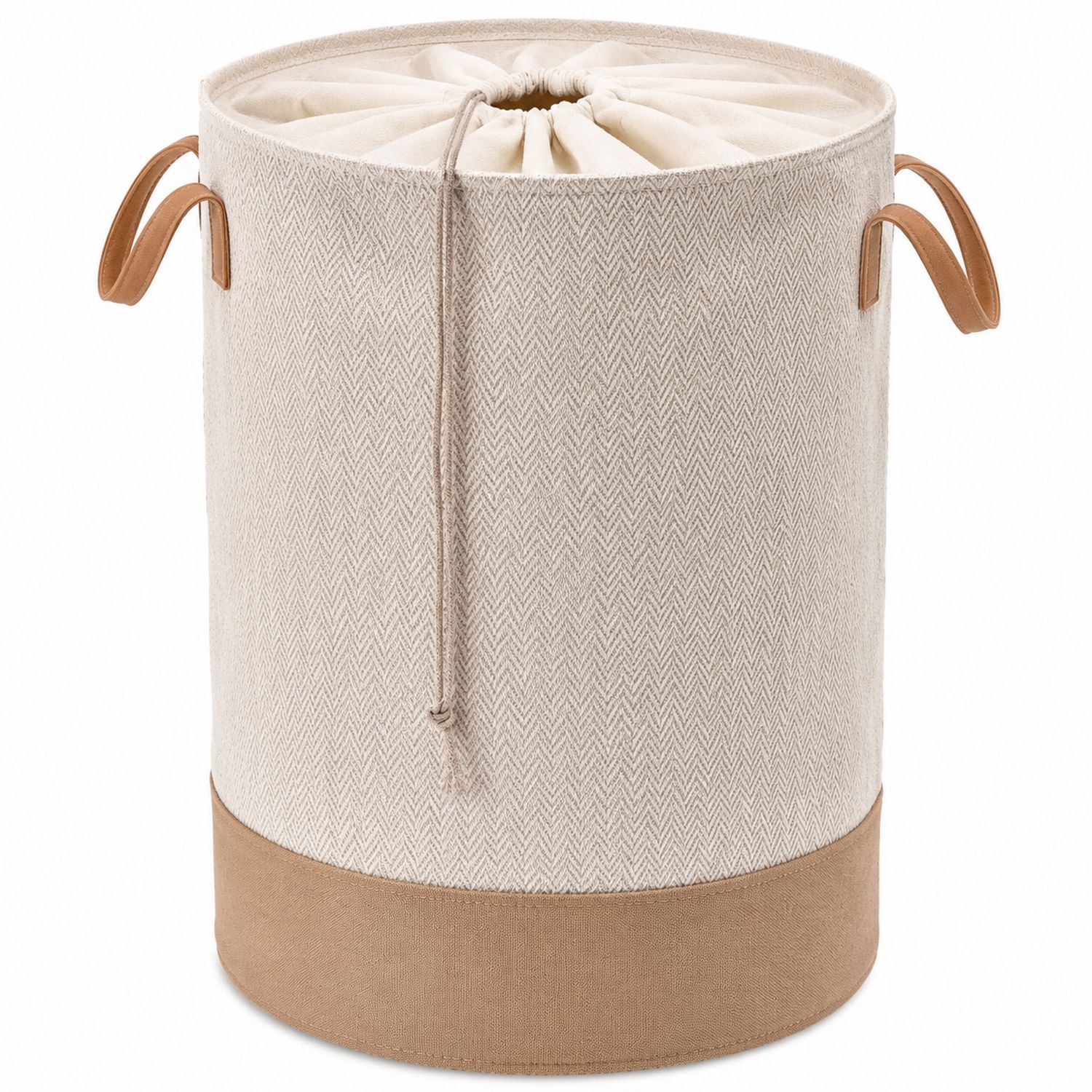 Cesto portabiancheria pieghevole cilindrico con manici beige e marrone 50L-lunavioliving