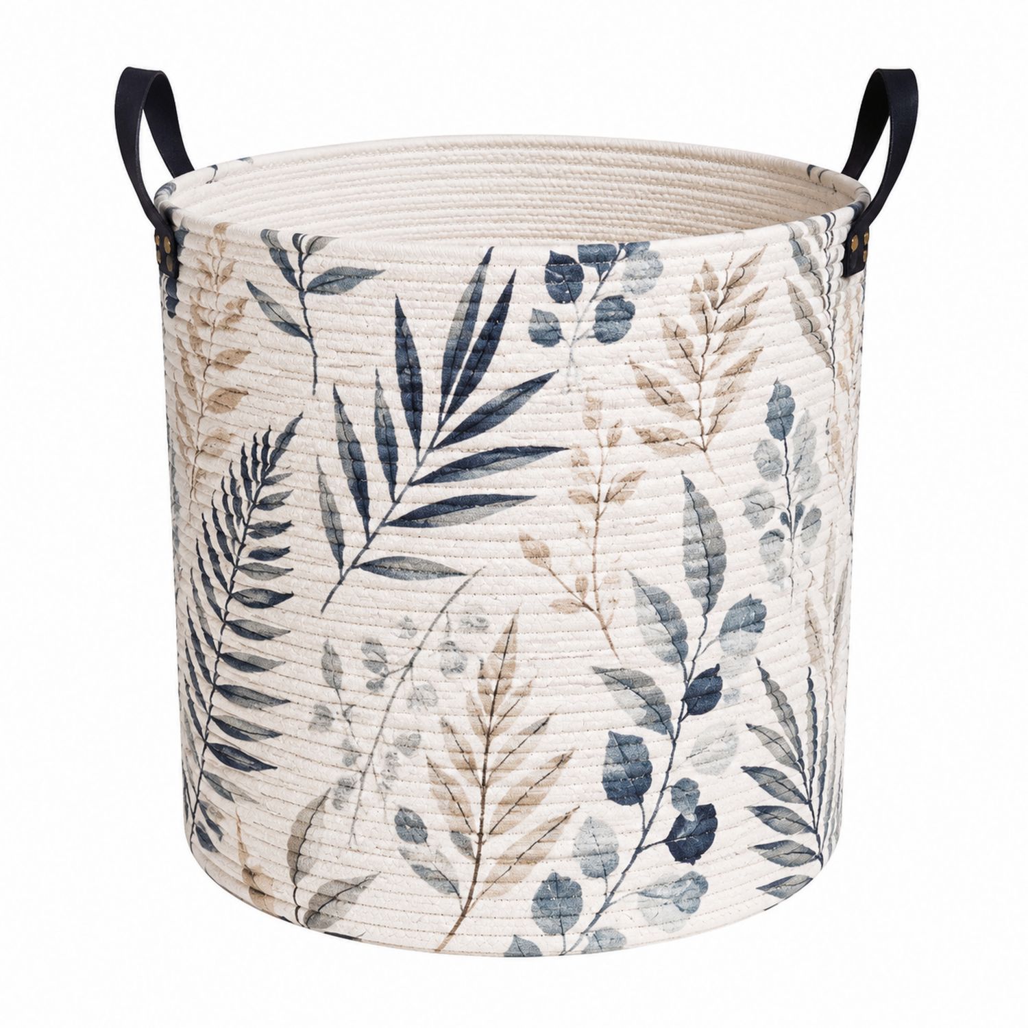 Cesto Portabiancheria Rotondo con Motivo a Foglie, 45L, Bianco/Blu/Beige-lunavioliving
