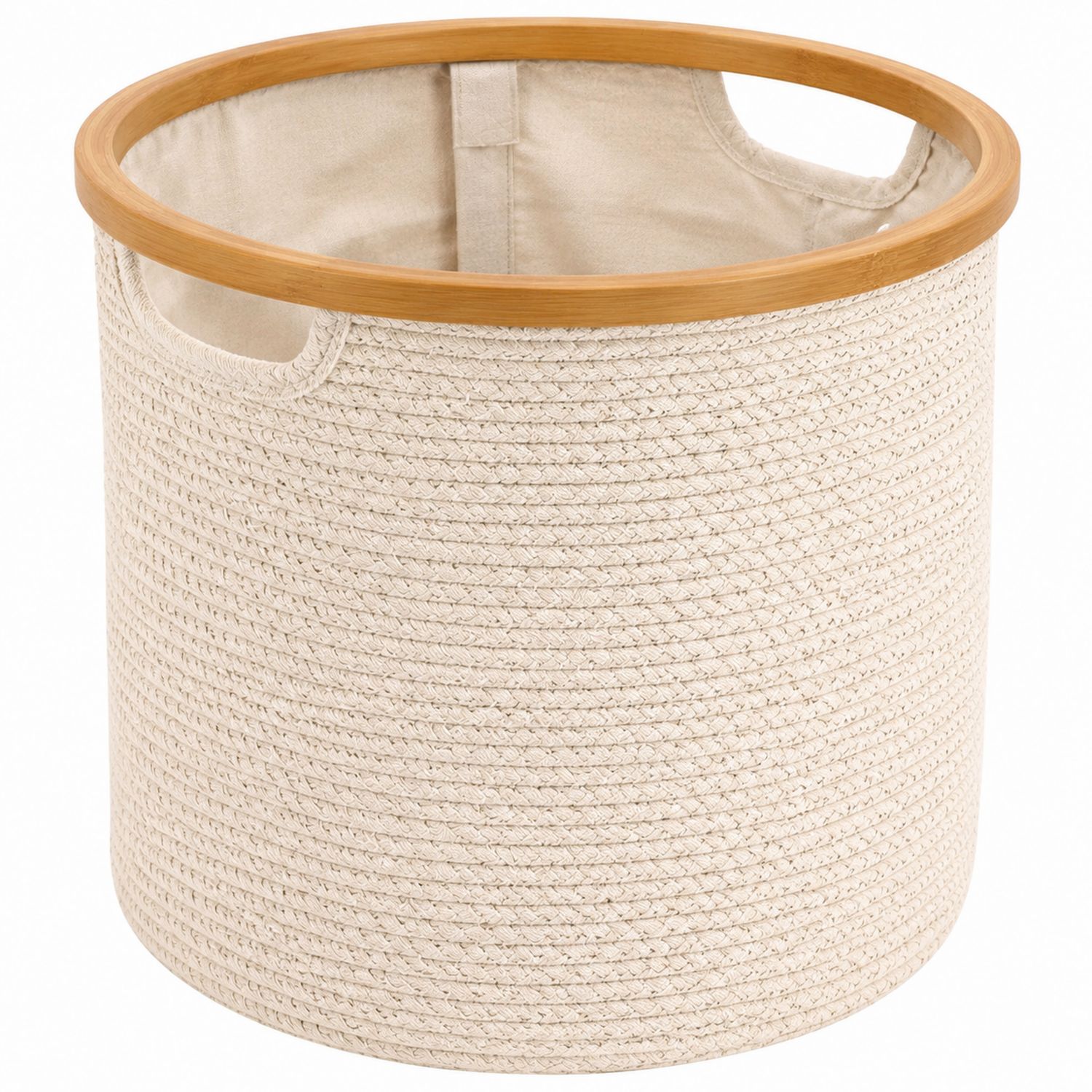Cesta Rotonda Portaoggetti in Corda Beige con Bordo in Legno 30L-lunavioliving