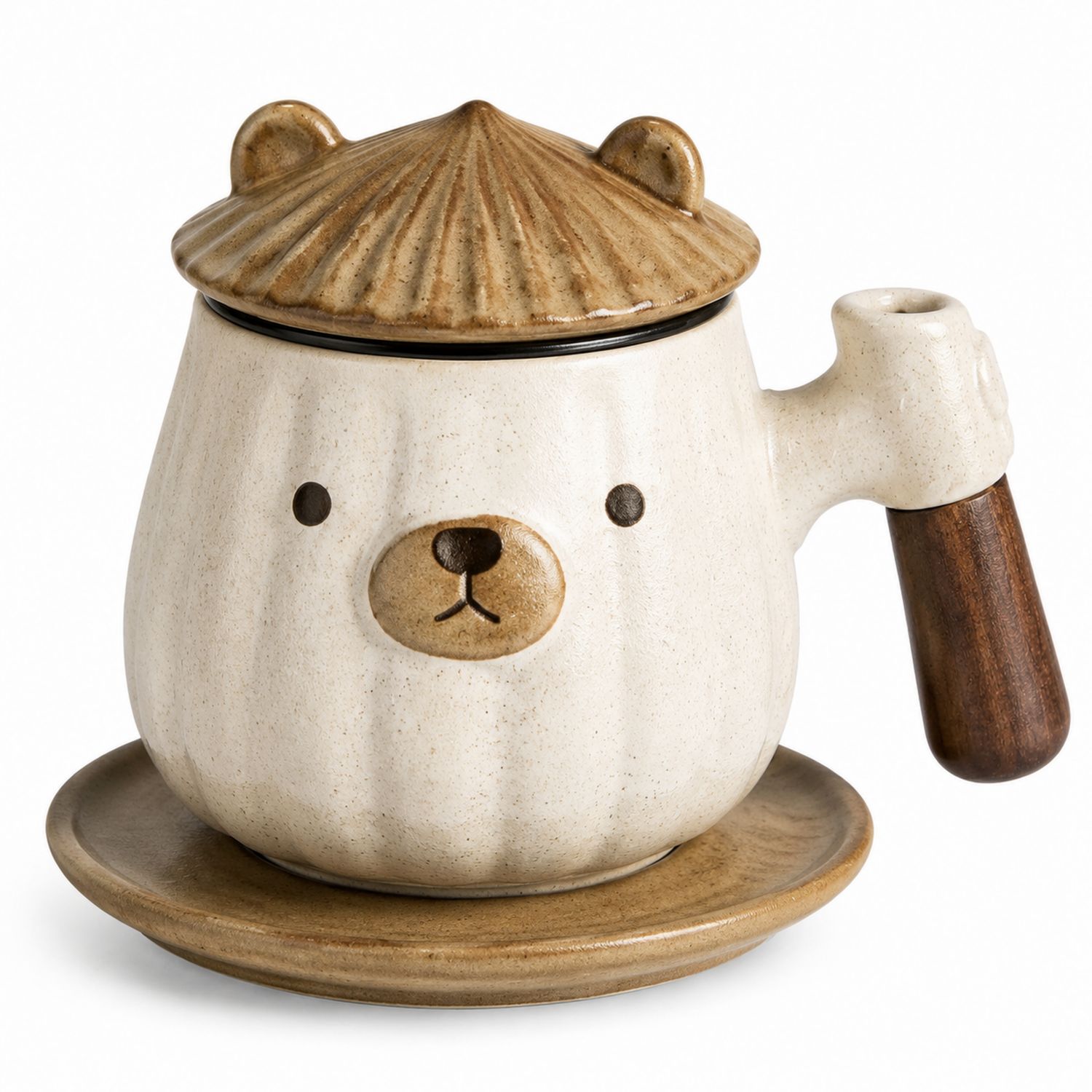 Taza de cerámica con diseño de oso y plato marrón claro