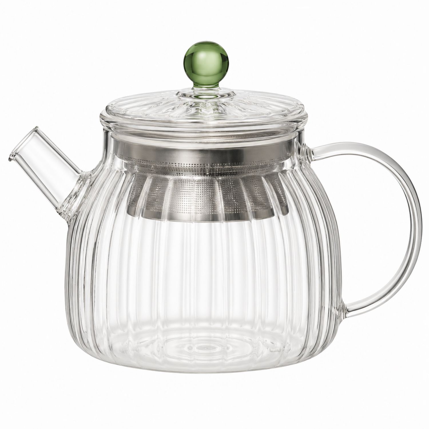 Tetera de Vidrio Transparente con Infusor de Acero y Tapa Verde