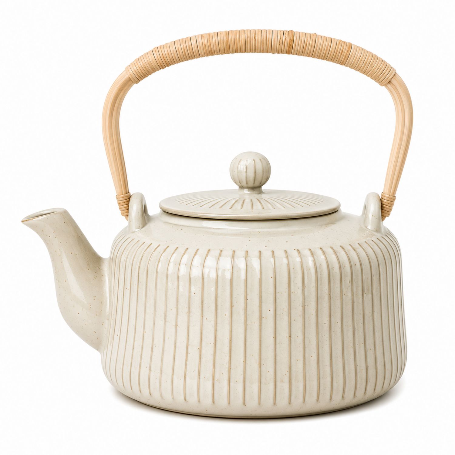 Tetera de Cerámica Beige con Asa de Bambú, Capacidad 1200 ml
