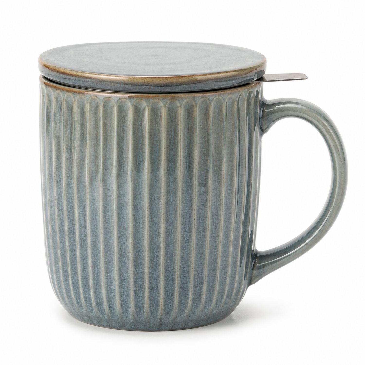 Taza de Cerámica Azul con Tapa y Estrías 350ml