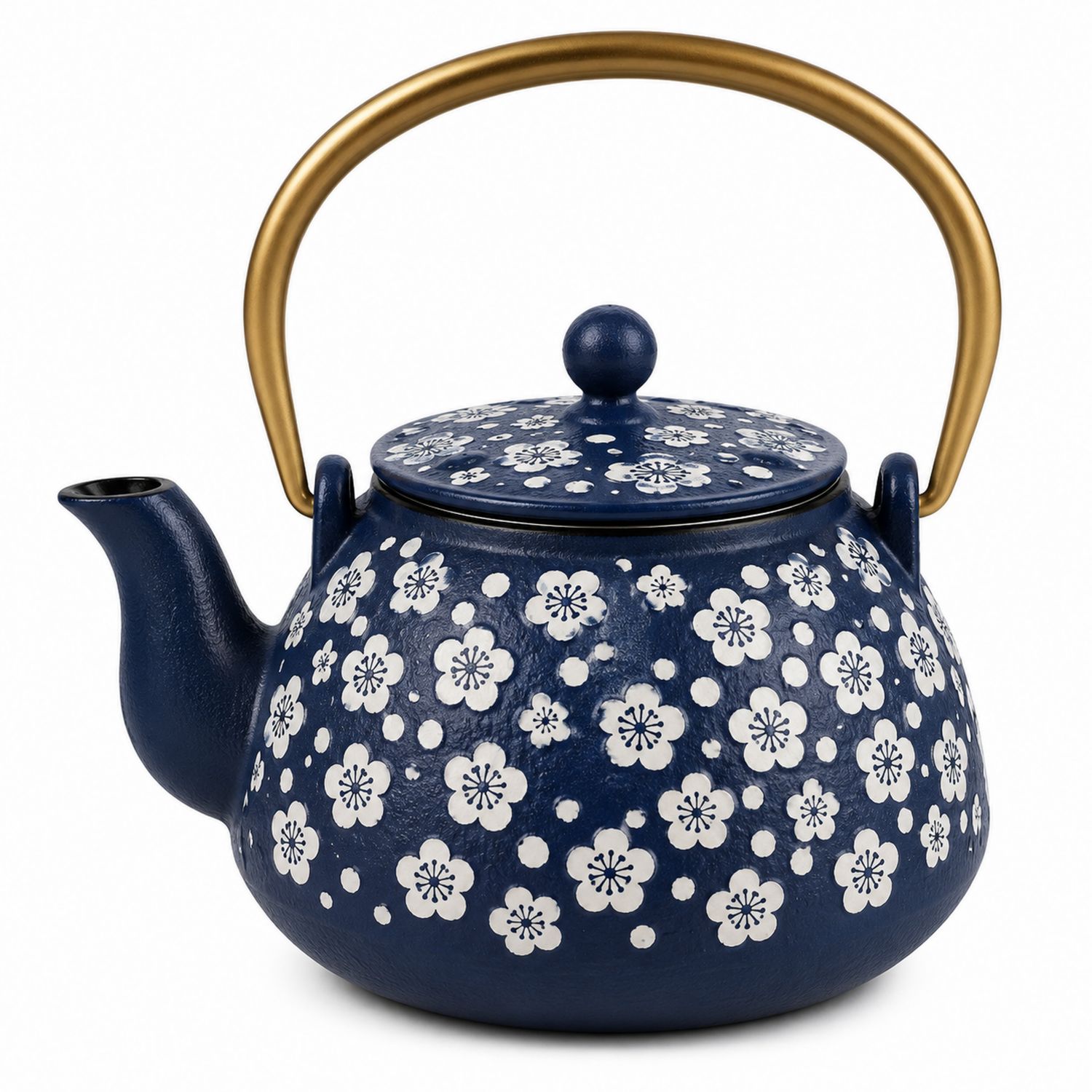 Tetera de Hierro Fundido Azul con Flores Blancas y Asa Dorada
