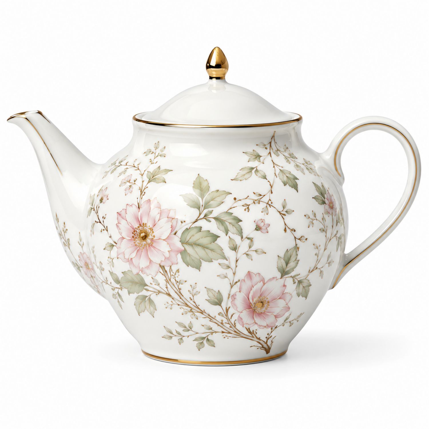 Tetera de Porcelana con Adornos Florales y Detalles Dorados