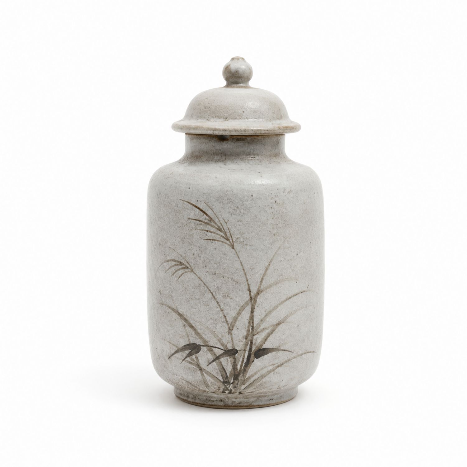 Jarra de cerámica gris con tapa y diseño de plantas