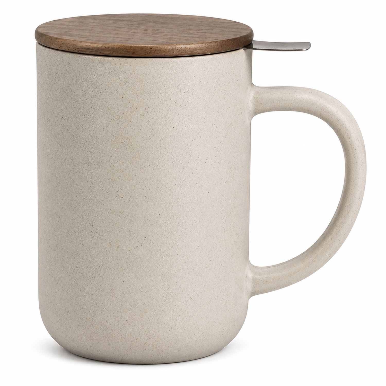 Taza de Cerámica Beige con Tapa de Madera y Cuchara