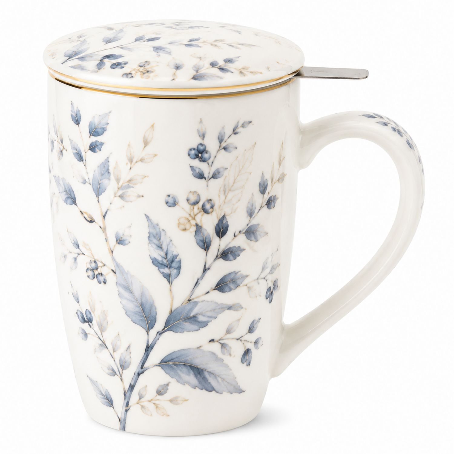 Taza de cerámica con infusor diseño floral azul y blanco