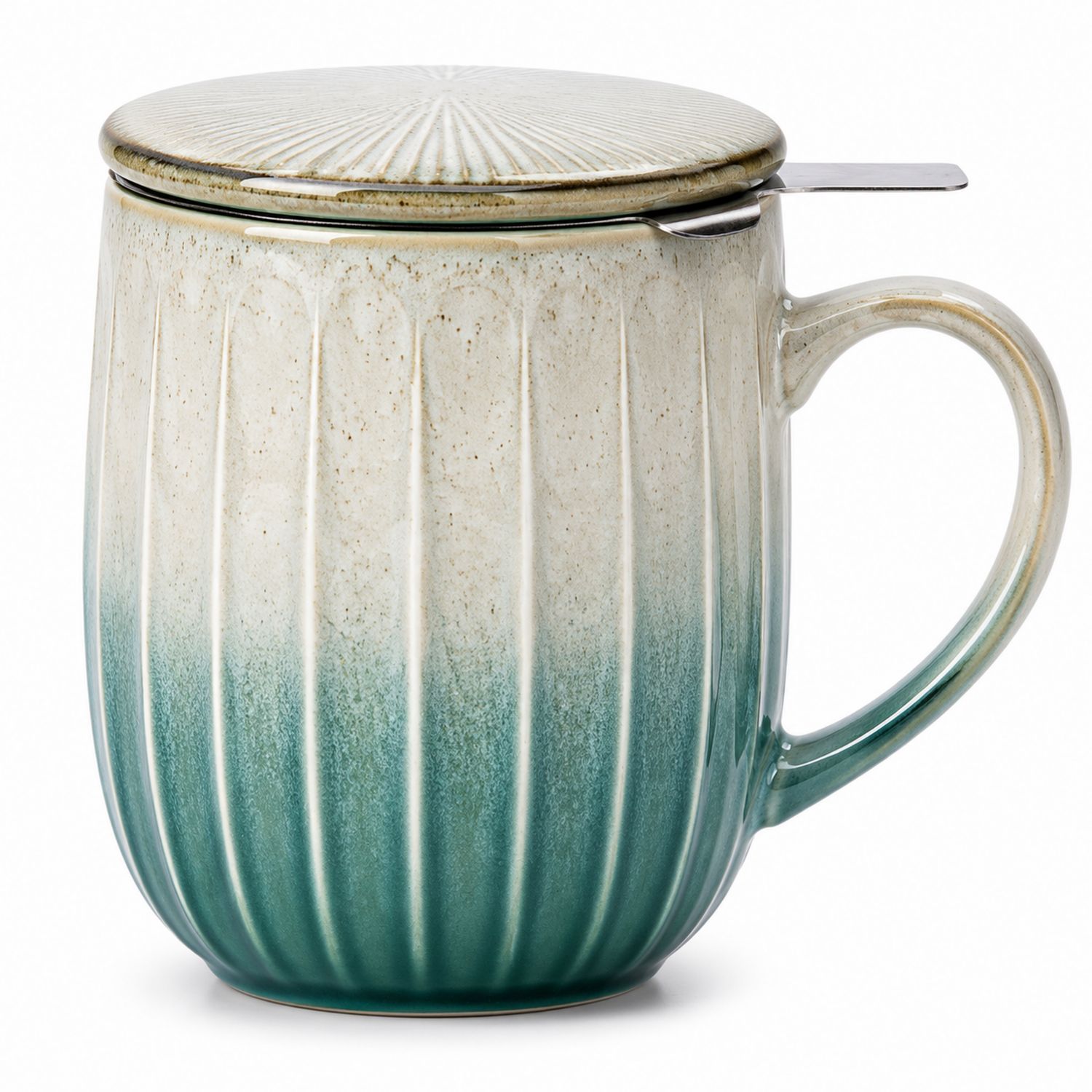 Taza de cerámica con tapa e infusor azul-verde degradado 400ml