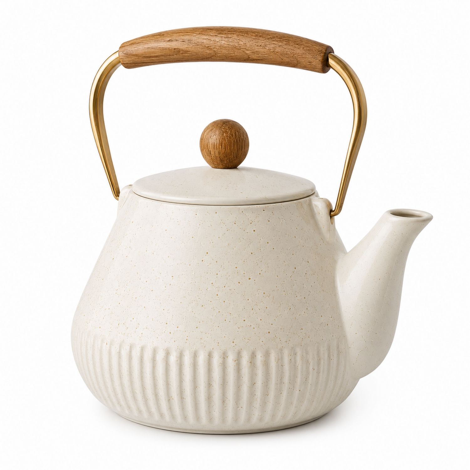 Tetera Blanca de Cerámica con Mango de Madera y Detalles Dorados