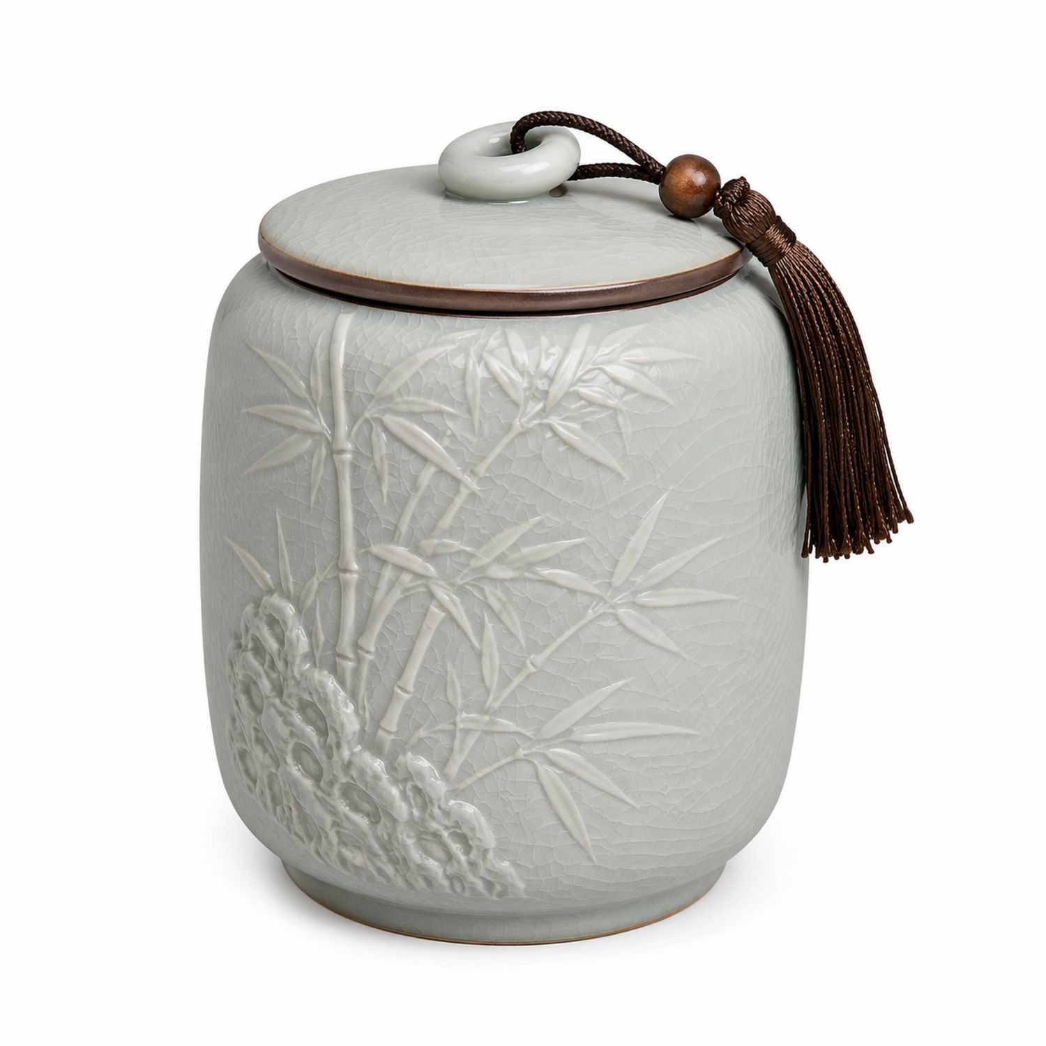 Jarra Decorativa de Cerámica con Relieve de Bambú y Cordón, Gris