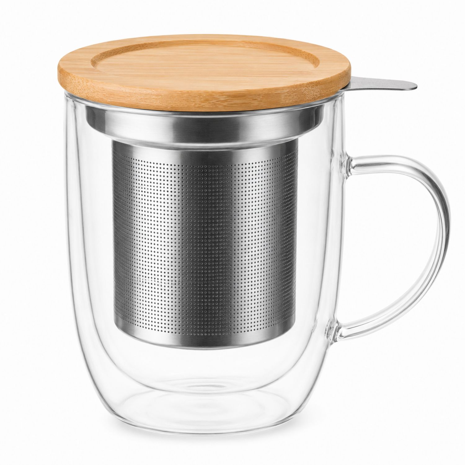 Taza de Vidrio Doble Capa con Infusor y Tapa de Bambú