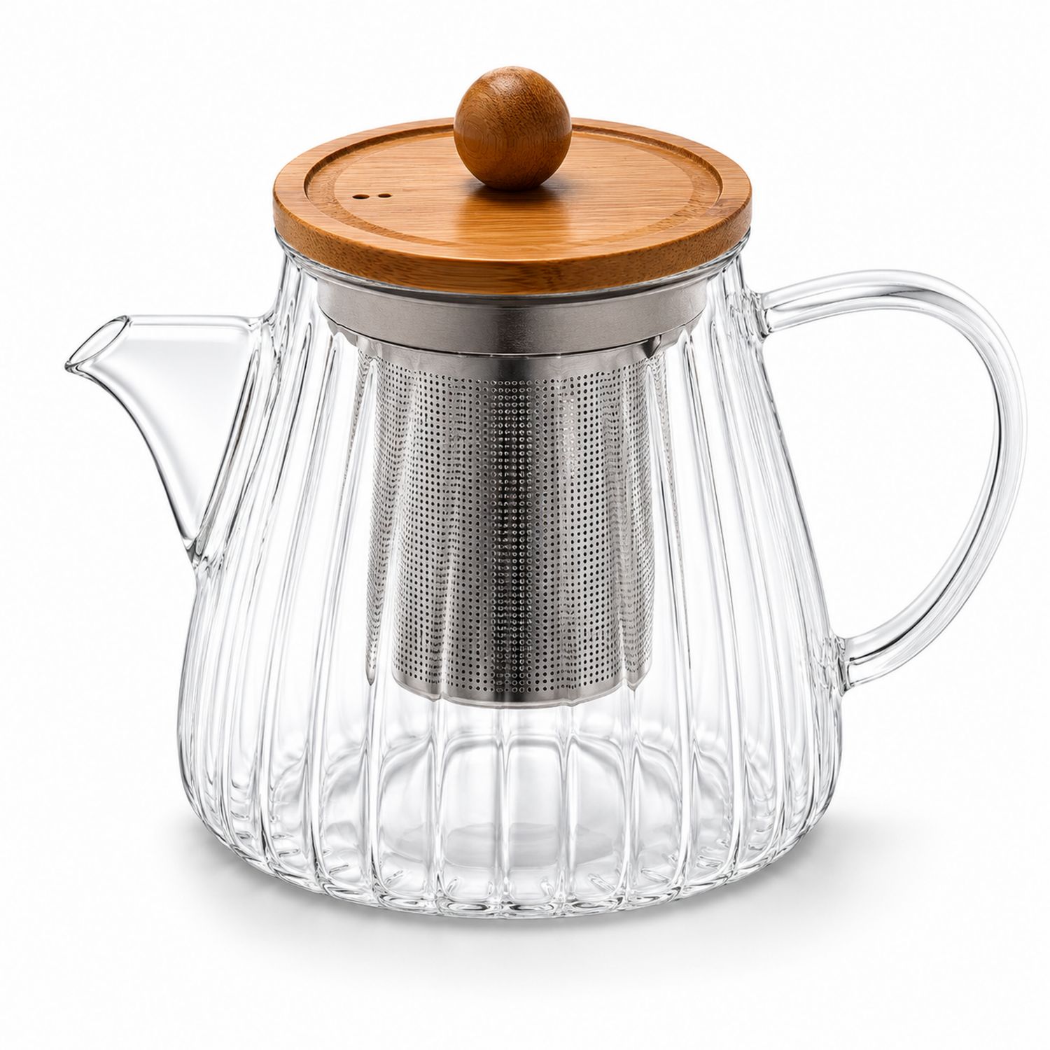 Tetera de vidrio con infusor de acero inoxidable y tapa de bambú