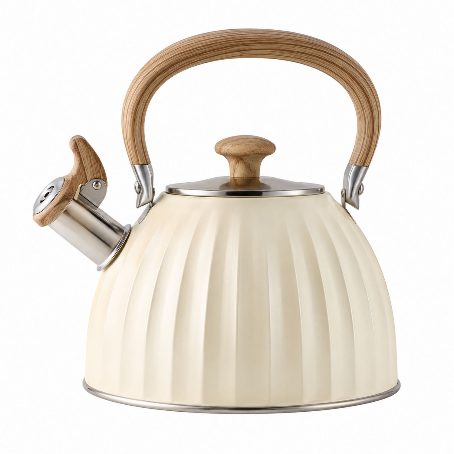 Hervidor Silbante de Acero con Detalles de Madera Crema