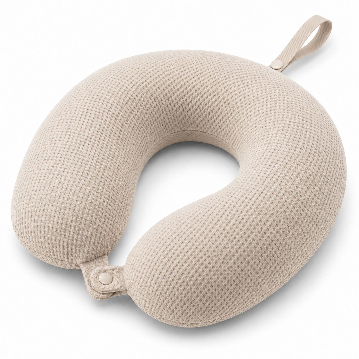 Cuscino da viaggio ergonomico a forma di U beige con cinghia