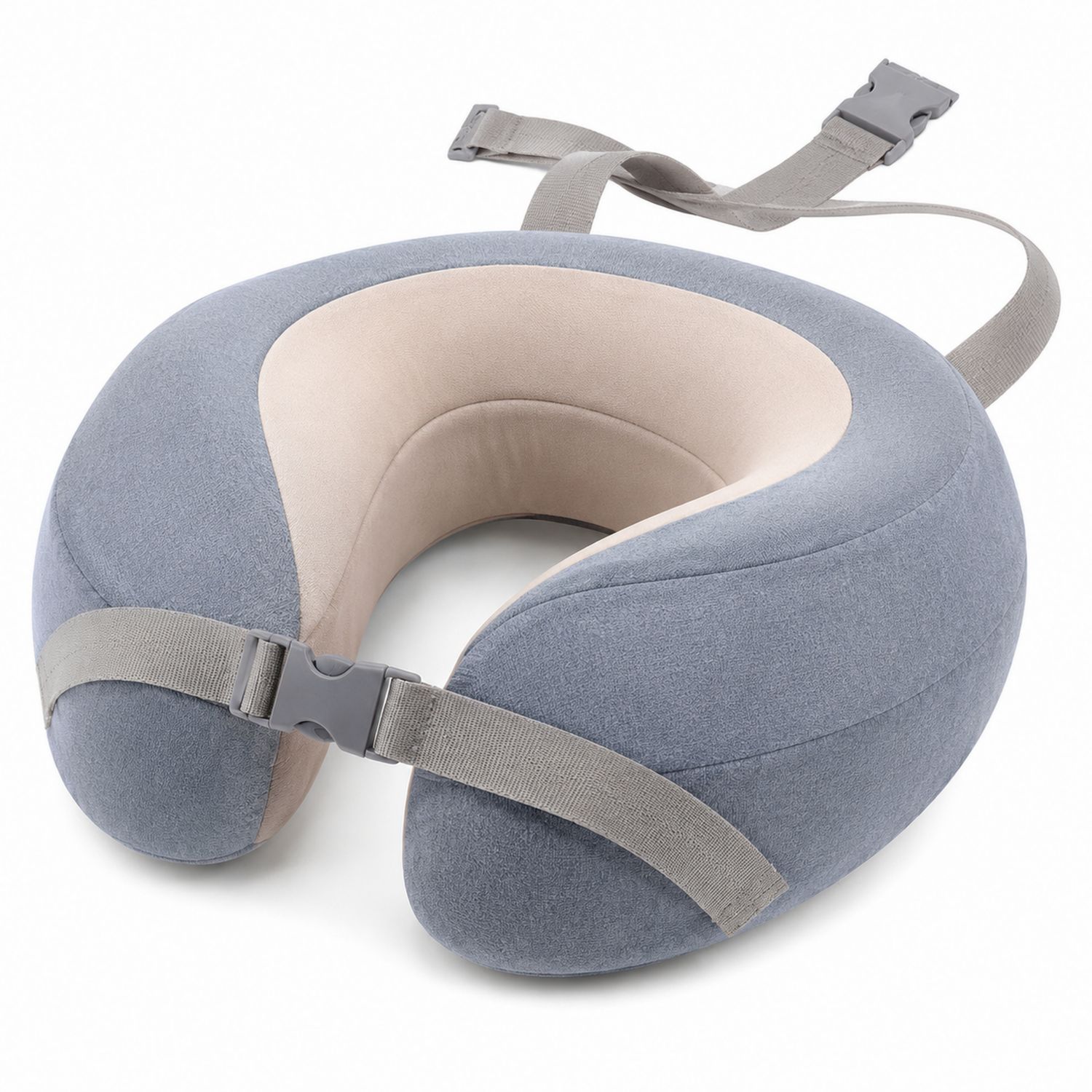 Cuscino da viaggio ergonomico per collo con cintura grigio e beige