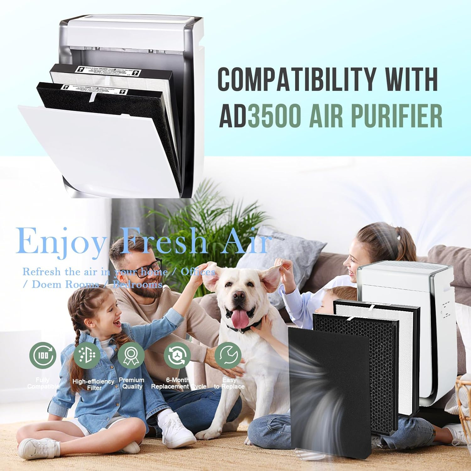 Filters Replacement Set for AD3500 Compatible with AD3500, 3500i Air Purifier Paper Frame Replacement Filter 4-Pack