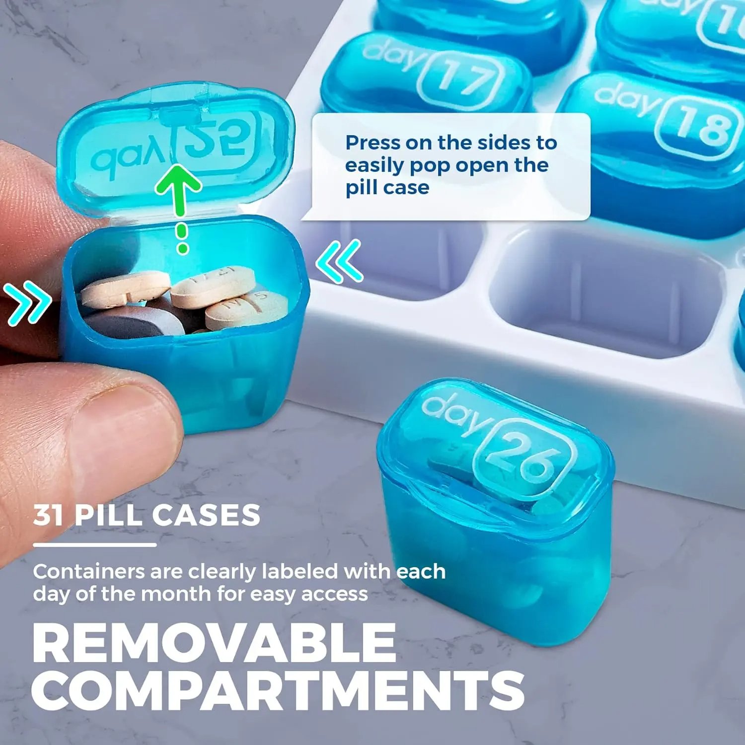 ✨Monthly Pill Organizer with Lid - Arthritis-Friendly Easy-Open Lids 31 Removable Daily Pill Pods Date Reminder & Travel Case for Vitamins & Medications