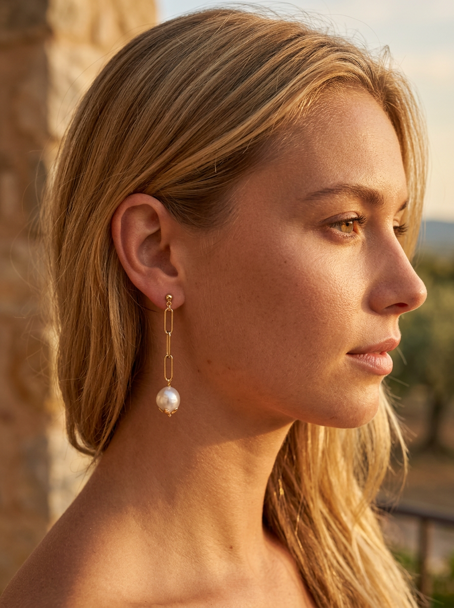 Charlene Paperclip Chain Freshwater Pearl Stud Earrings