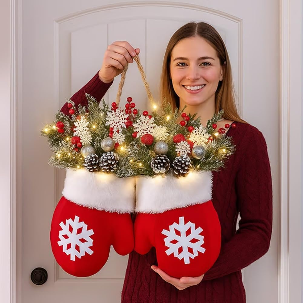 🎄Hot Sale-60% OFF🥊Twinkling Christmas Mitten Wreath with LED Lights💐✨