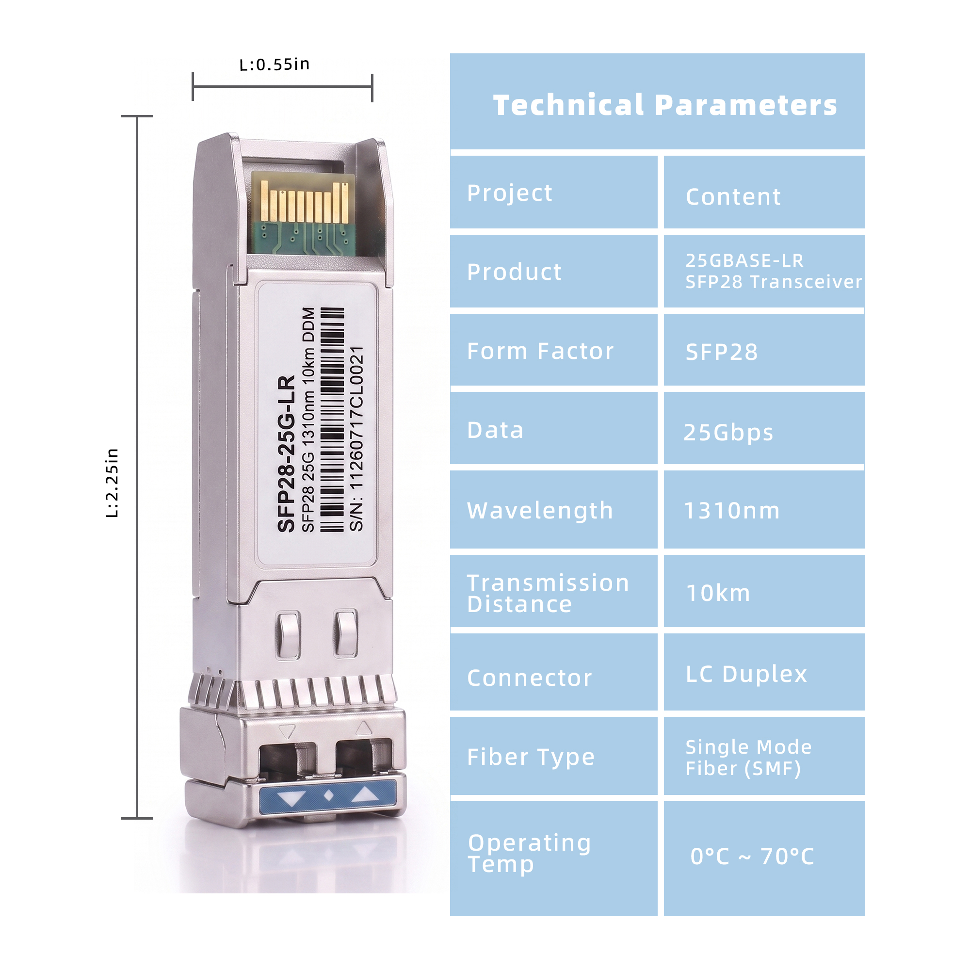 25GBASE-LR SFP28 Transceiver, 1310nm SMF Duplex LC Optical Module, up to 10km, DDM, Compatible with Cisco SFP-25G-LR-S