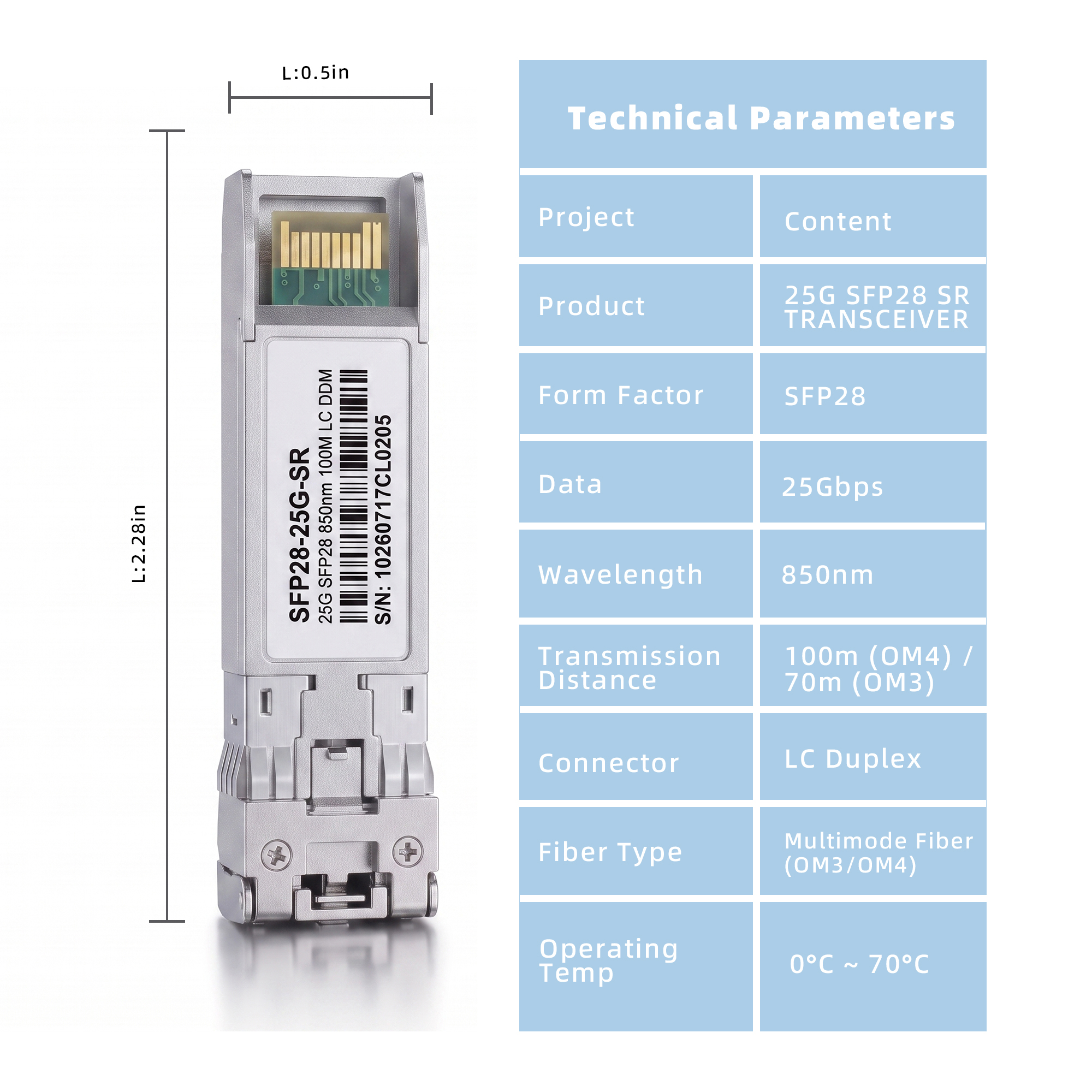 25G SFP28 SR Transceiver, 850nm MMF Duplex LC Optical Module, 70m on OM3 or 100m on OM4, DDM, Compatible with Cisco SFP-25G-SR-S