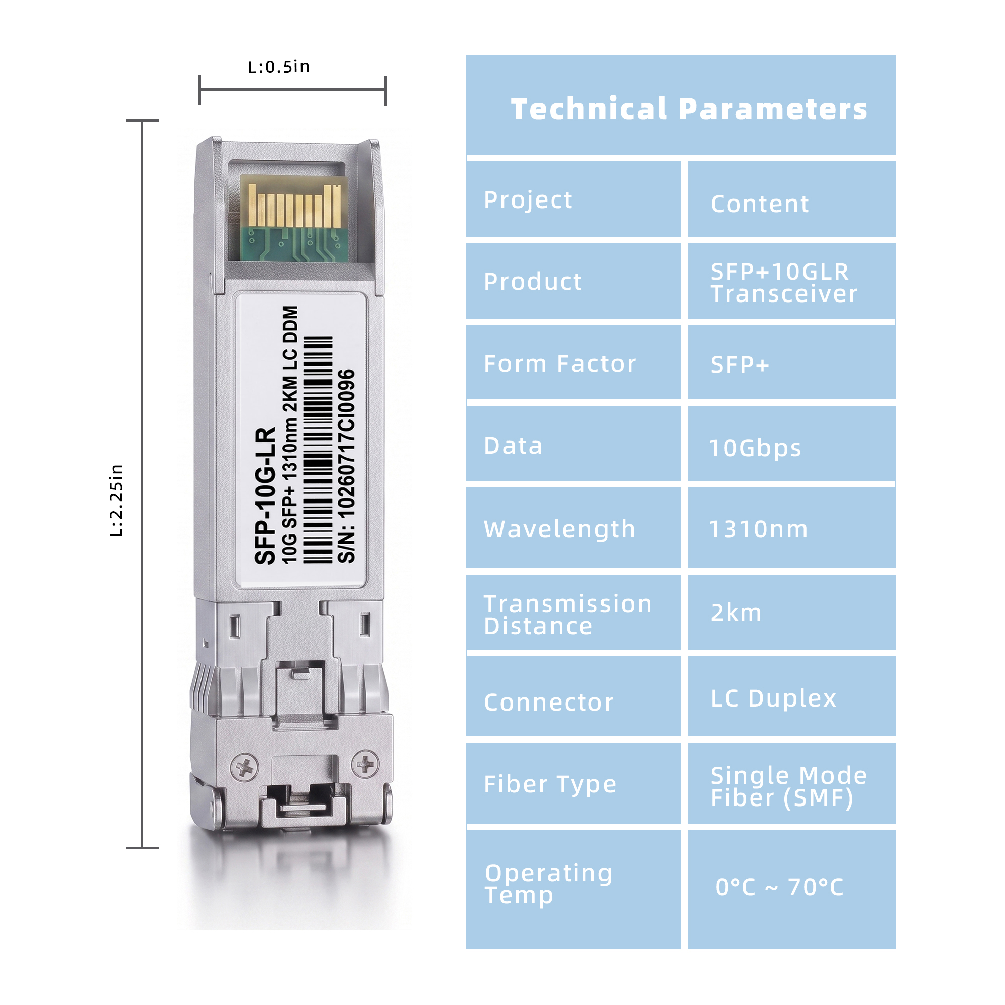 10G SFP+ Transceiver, 1310nm SMF Duplex LC Optical Module, up to 2km, DDM, Compatible with Cisco SFP-10G-LRM2