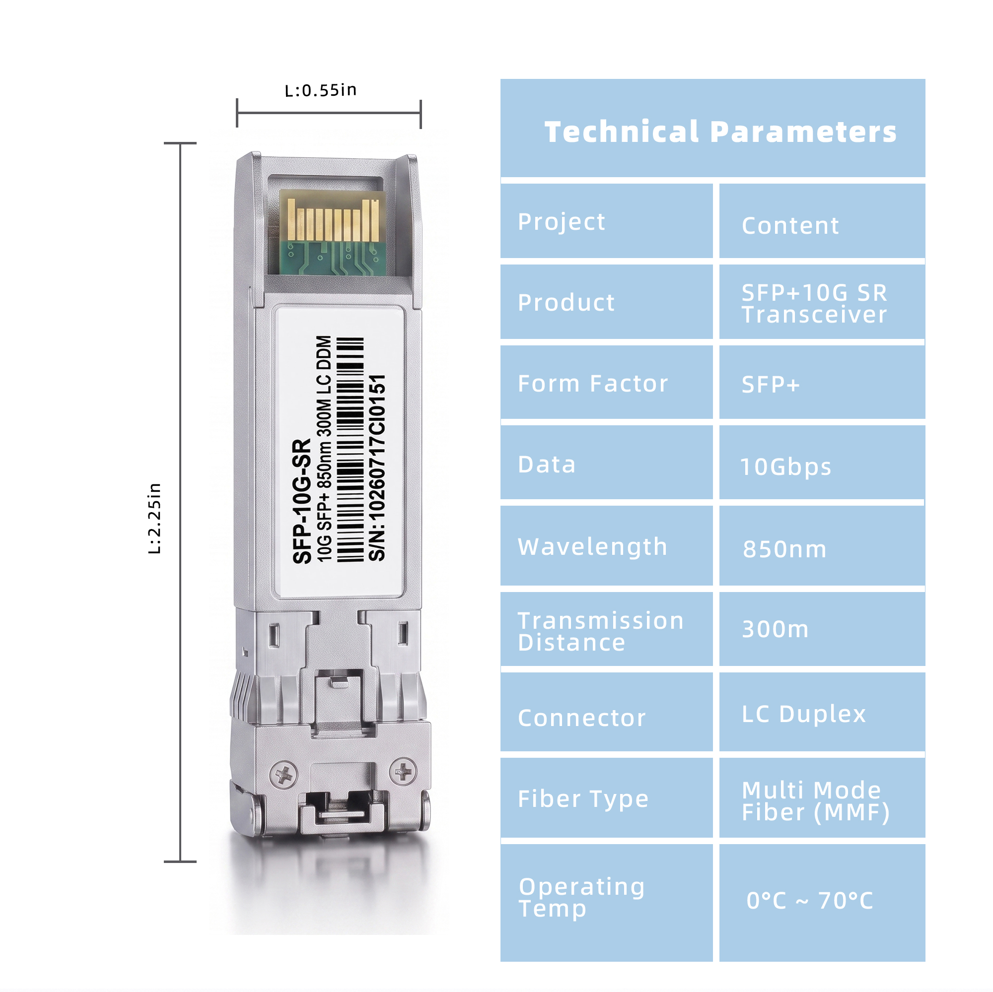 10GBASE-SR SFP+ Transceiver, 10G 850nm MMF Duplex LC Optical Module, up to 300m, DDM, Compatible with Cisco SFP-10G-SR