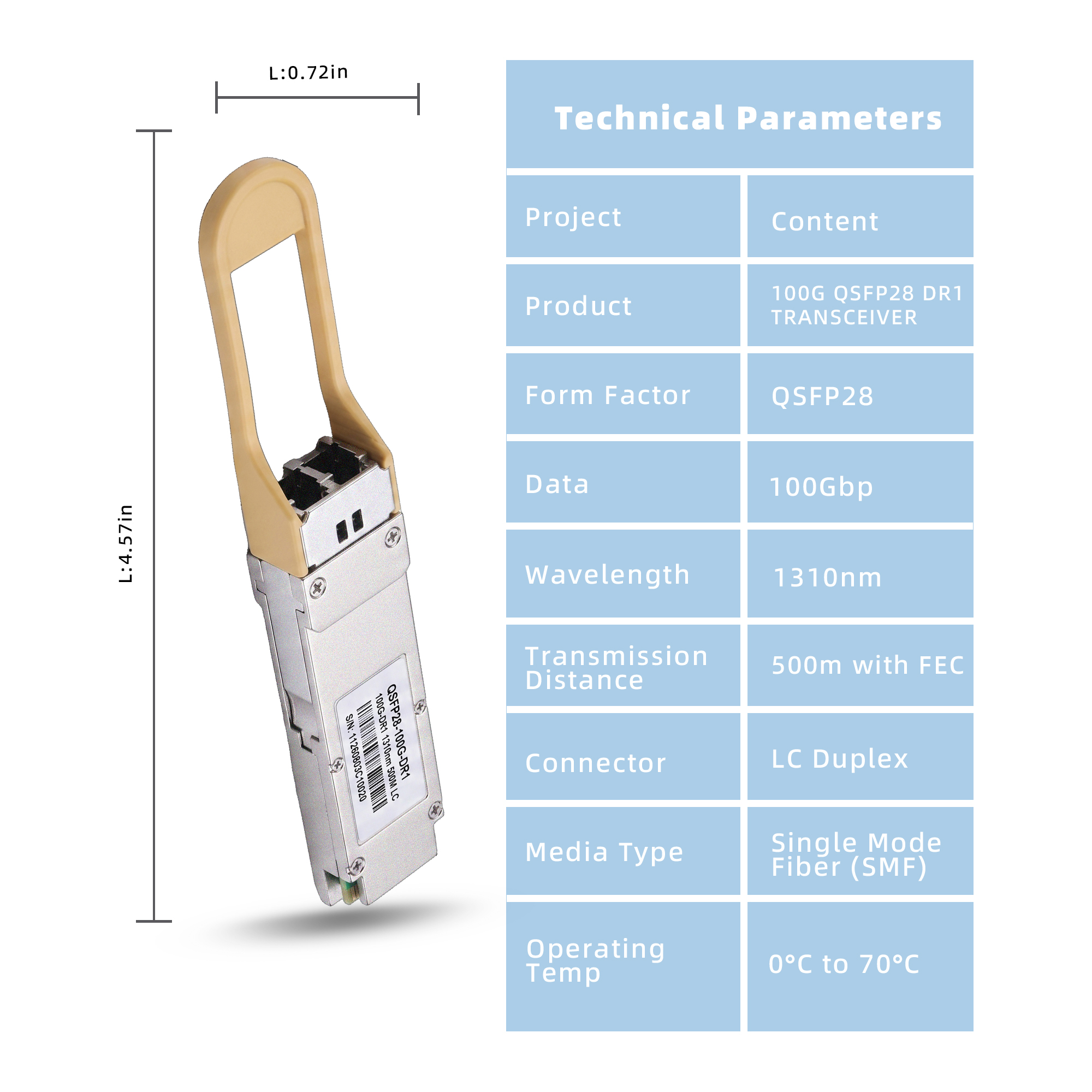 100G QSFP28 DR1 Transceiver, Single Lambda PAM4, 1310nm SMF Duplex LC Optical Module, up to 500m with FEC, DDM, Compatible with Cisco SFP-25G-LR-S