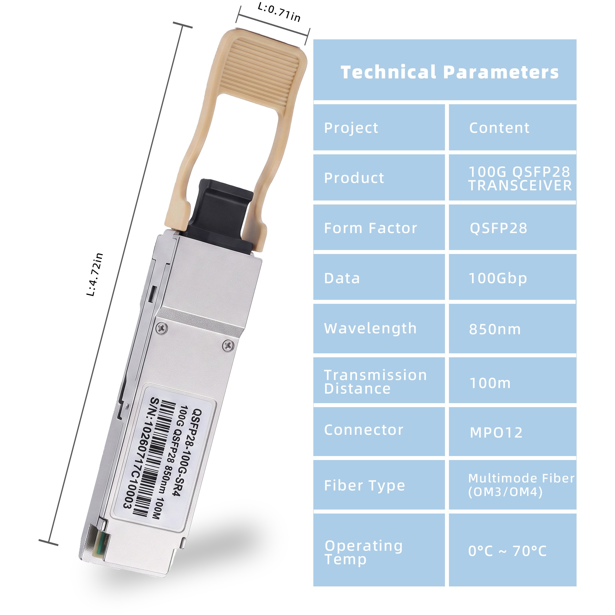 100GBASE-SR4 QSFP28 Transceiver, 850nm MMF MPO-12 Optical Module, 70m on OM3 or 100m on OM4, DDM, Compatible with Cisco QSFP-100G-SR4-S