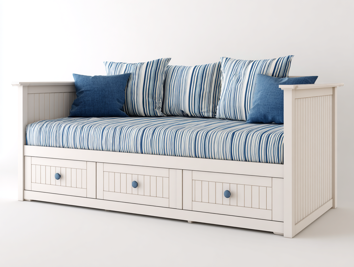 Sofás cama de madera 205x95x88 cm - con 3 cajones de almacenamiento - blanco-azul - estilo costero-Nasaohome