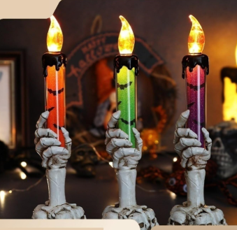 Halloween Candle Light, Halloween Decorations Flameless Taper Candle with Skeleton Hand Holder, Battery Operated LED Flickering Candles Dripping Wax Effect Pillar Candles for Party Wedding