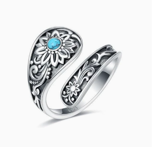 Women's Sterling Silver Moonstone Flower Ring, Adjustable Vintage Spoon Ring Jewelry, Gifts for Mom, Wife, Sister, Her
