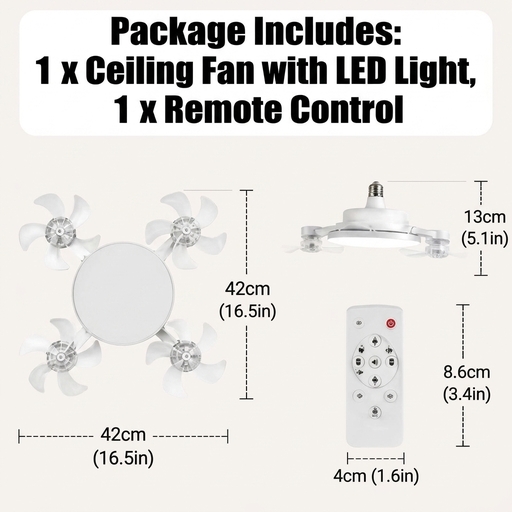 Elegant 50cm Foldable Ceiling Fan with Light & Remote – 4-Blade Retractable LED Fan, Ultra-Quiet, E27 Screw-In, Ideal for Bedrooms & Living Rooms