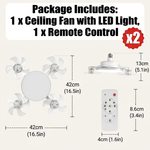 Elegant 50cm Foldable Ceiling Fan with Light & Remote – 4-Blade Retractable LED Fan, Ultra-Quiet, E27 Screw-In, Ideal for Bedrooms & Living Rooms