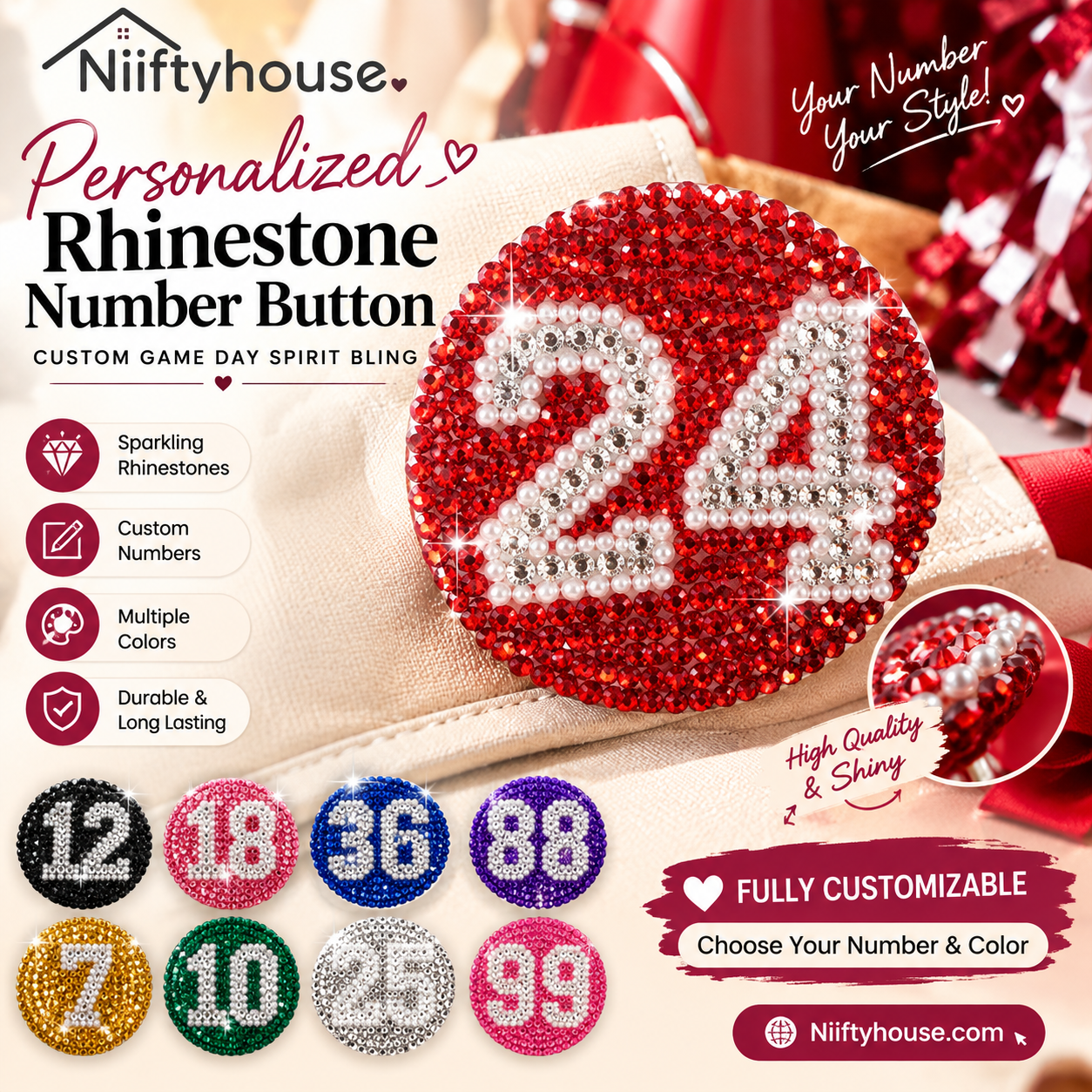 Personalized Rhinestone Number Button (3-inch) | Custom Game Day Spirit Bling