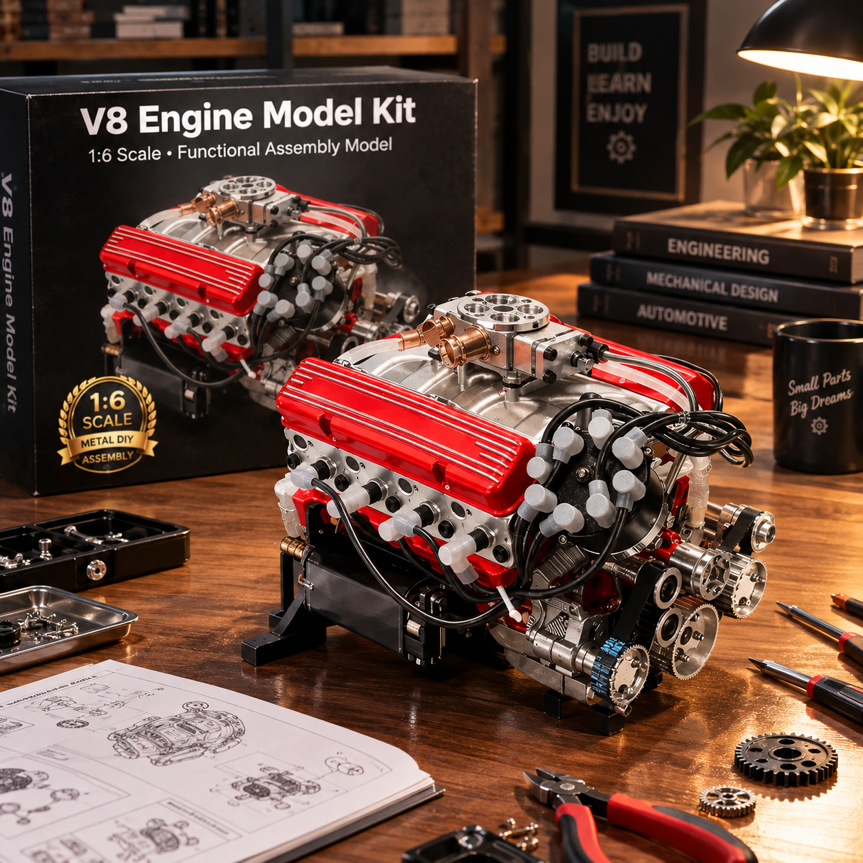 V8 engine model on engineering workbench